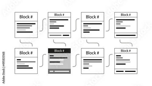 Digital blockchain system decentralized template design vector illustration. Crypto currency smart contract protocol contain  cryptography hash, transaction data, global linked network, document. 