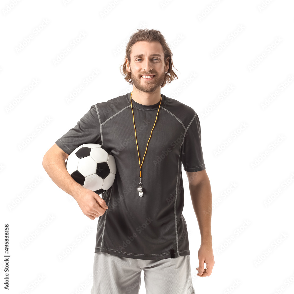 Sporty male coach with soccer ball on white background Sporty male coach with soccer ball on white background