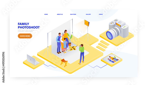 Family photoshoot in studio with pet dog, landing page design, website banner vector template.