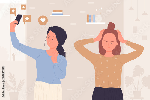 Conflict and rivalry of siblings vector illustration. Cartoon angry and upset sister standing near happy girl using smartphone for social media communication with friends. Family problem concept