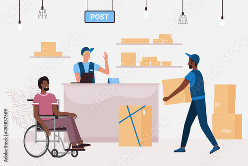 Person using wheelchair in post office. Man with disability taking order parcel box flat cartoon vector illustration