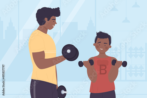 Sportive father and son workout training. Family physical activity and healthy lifestyle flat cartoon vector illustration