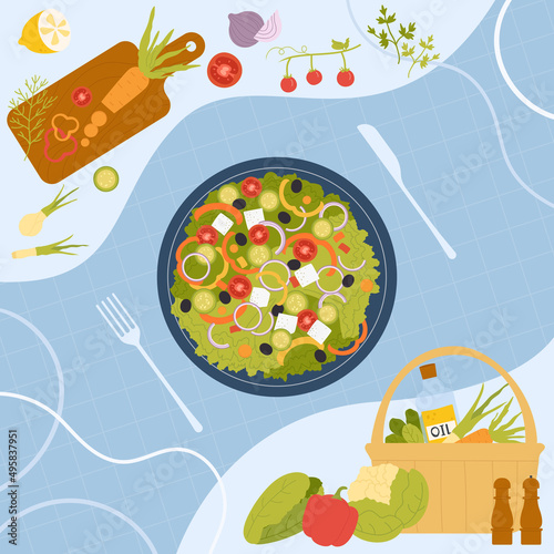 Greek salad recipe, Mediterranean diet. Green lettuce, sliced tomato and paprika, feta cheese on plate with fork and knife, fresh organic vegetables ingredients in basket flat vector illustration