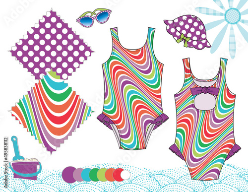 Vector Fashion Illustration of Baby Toddler Girl Outfits, Swimsuit Front, Back, Hat & Sunglasses, Two repeat patterns saved with Global Colors in Swatches Panel, Isolated flat sketches  in layers