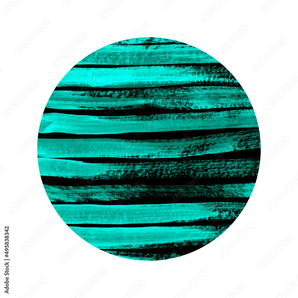 Black circle with turquoise horizontal stripes. Hand-drawn textured abstraction isolated on white background.