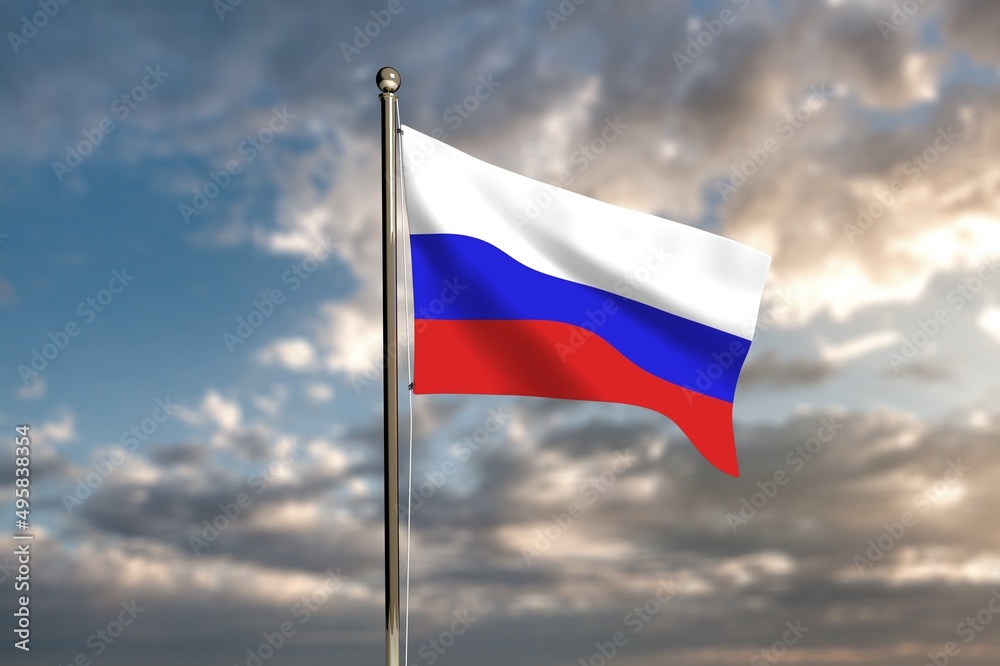 Russian tricolor flag waving in the wind against sky. Russian tricolor flag waving in the wind against sky.
