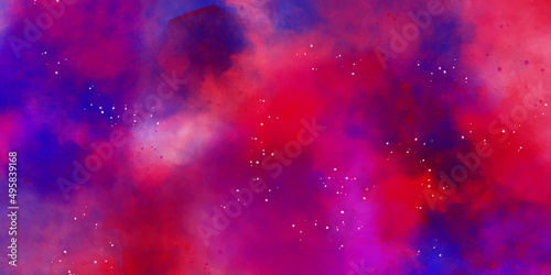 Abstract cosmic purple ink texture water color paint illustration. Paper textured aquarelle canvas for creative design with scratches. Deep dark violet neon lights watercolor background.	
