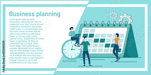 Business planning.People are engaged in the development and planning of business ideas.An illustration in the style of a green landing page.