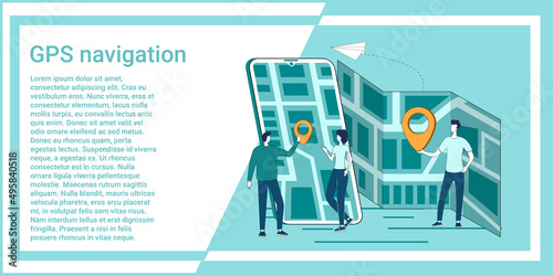 GPS navigation.People study maps and search for locations using an app on their smartphone.An illustration in the style of a green landing page.