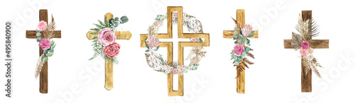Fotografia Set of boho wooden watercolor cross with eucalyptus, fern and roses on a white background