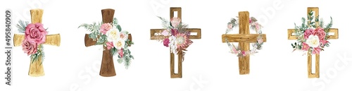 Fotografija Set of boho wooden watercolor cross with eucalyptus, fern and roses on a white background