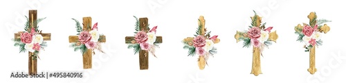 Foto Set of boho wooden watercolor cross with eucalyptus, fern and roses on a white background