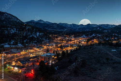Aerial Long Exposure Estes Park in Colorado with Full Moon rising
