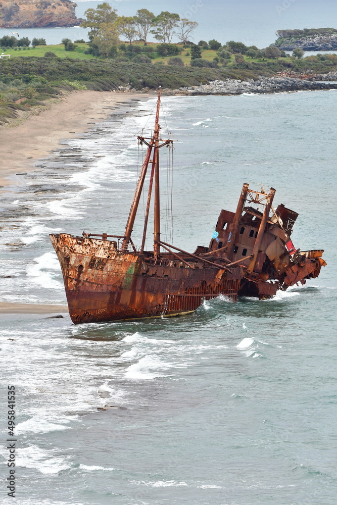 rustyshipwreck on a coastline near Gythio Peloponnese Greece