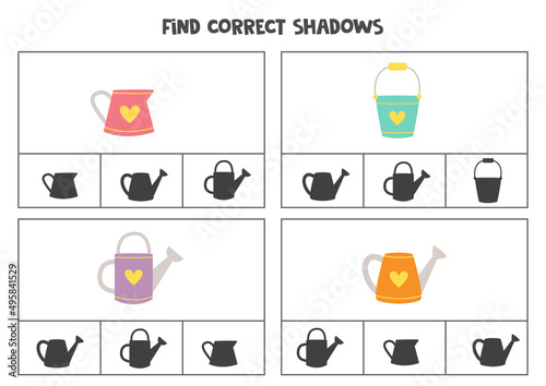 Find correct shadow of watering cans. Printable clip card games for children.