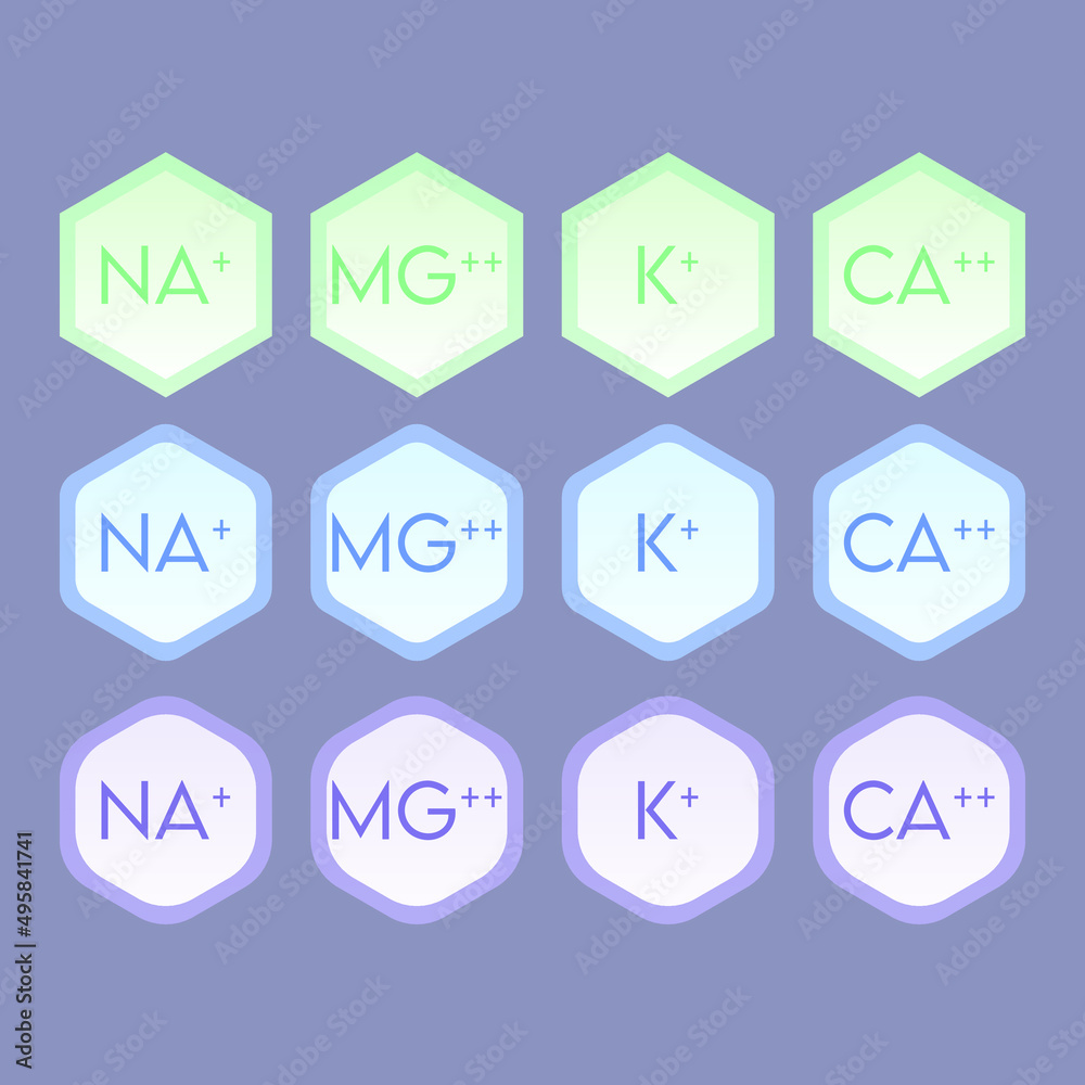 Set of blue electrolyte modern icons - Calcium, Sodium, Magnesium, Potassium and Chlorine ion symbols for Mineral product, mineralized water, health care and education Set of blue electrolyte modern icons - Calcium, Sodium, Magnesium, Potassium and Chlorine ion symbols for Mineral product, mineralized water, health care and education