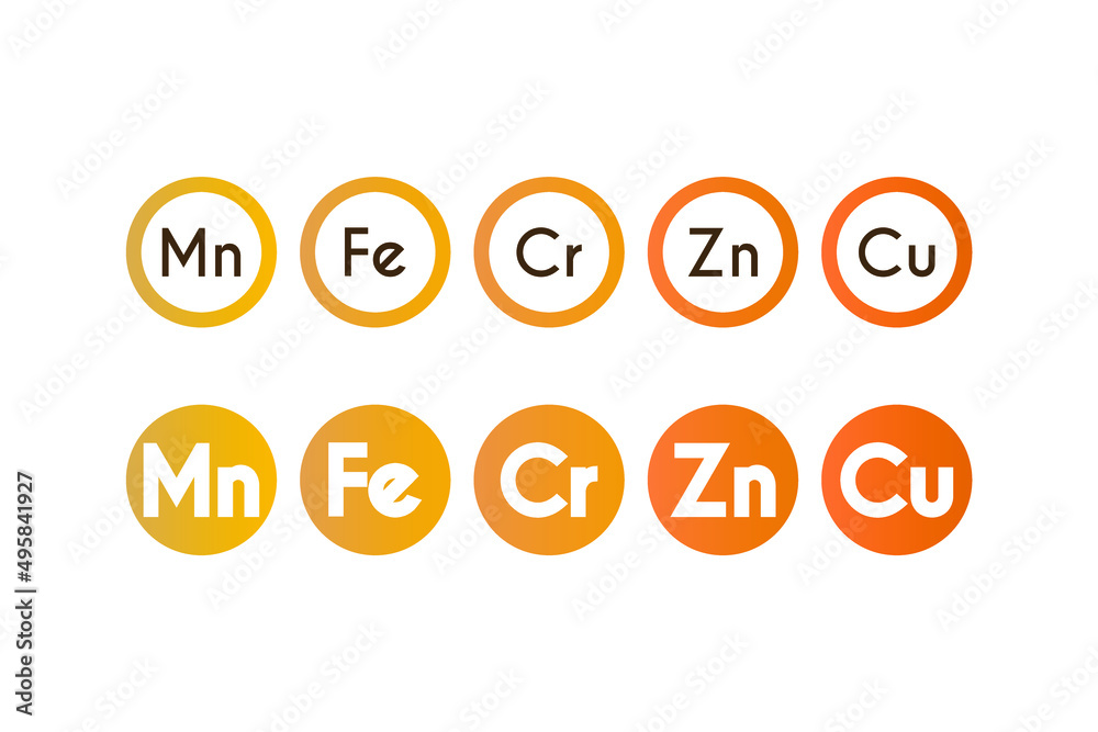 Set of 5 common metal electrolyte symbols - Iron, Chrome, Manganese, Copper and Zinc colorful icons. Design elements for website, labels, stickers and products. Eps 10 vector illustration. Set of 5 common metal electrolyte symbols - Iron, Chrome, Manganese, Copper and Zinc colorful icons. Design elements for website, labels, stickers and products. Eps 10 vector illustration.