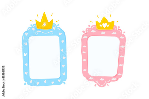 Set of princess and prince cartoon frame in baby pink,blue with gold crown