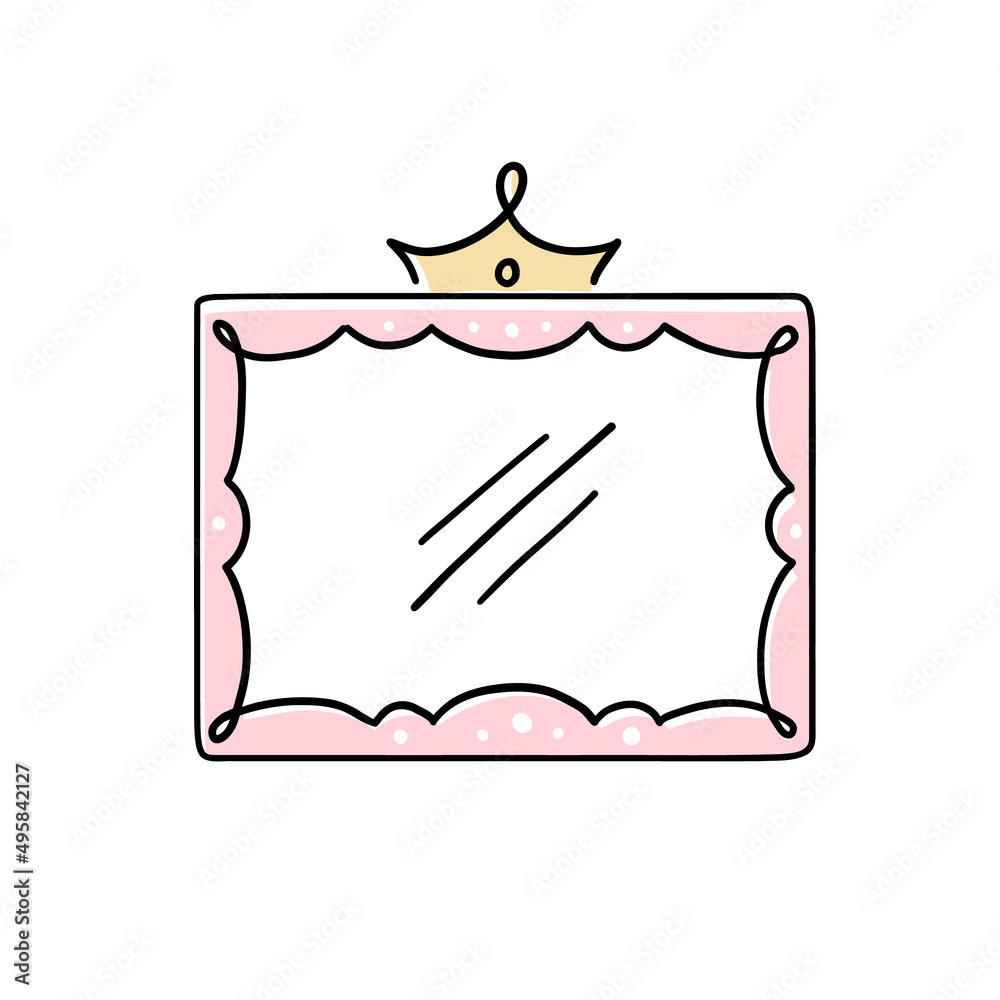 Princess crown mirror frame. Hand drawn doodle mirror with crown for ...
