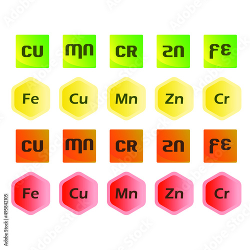 Set of 5 common metal electrolyte symbols - Iron, Chrome, Manganese, Copper and Zinc colorful icons. Design elements for website, labels, stickers and products. Eps 10 vector illustration.