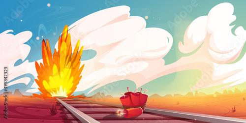 Train sabotage western scene, tnt dynamite with burning fuse lying on railroad sleepers and bomb explosion at wild west nature landscape with desert under cloudy sky, Cartoon vector illustration