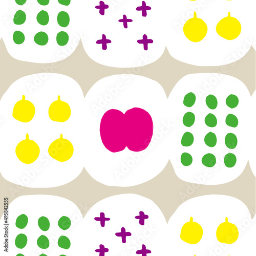 pink apples, yellow and green dots, white and beige background seamless orchard pattern. 北欧テキスタイル風