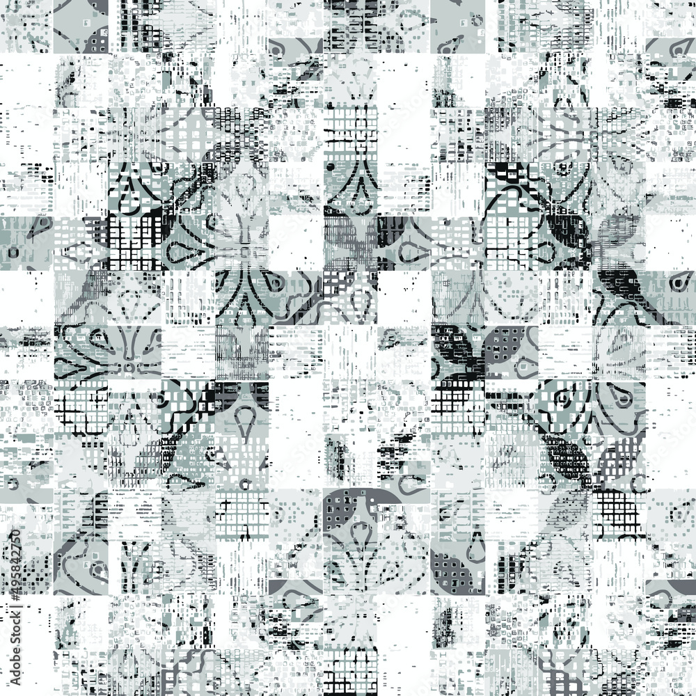 Obraz premium Dye geo motifs seamless pattern. Vector tie dye shibori print with stripes and folklore . Ink textured japanese background. Ethnic seam fabric vector. Bohemian fashion watercolor texture. African rug.