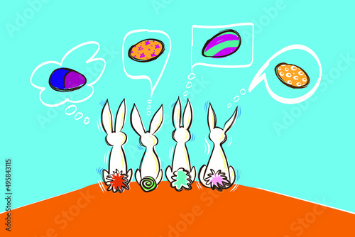 Four Rabbits dreaming of Colourful Eggs