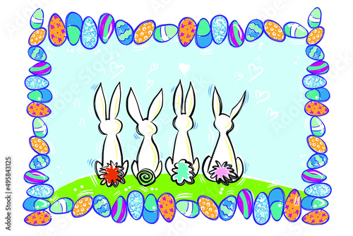 Four Bunnies in a frame of Easter eggs