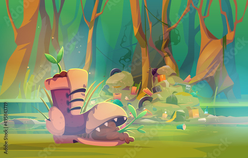 Forest pollution with pile of trash and waste. Vector cartoon illustration of dirty swamp landscape with stench garbage dump and old boot with green grass sprout