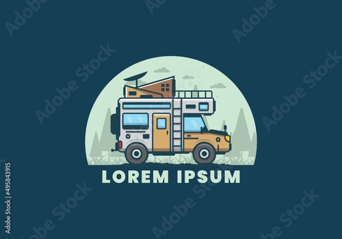 Strong big camper van camping illustration
