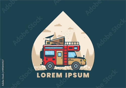 Strong big camper van camping illustration