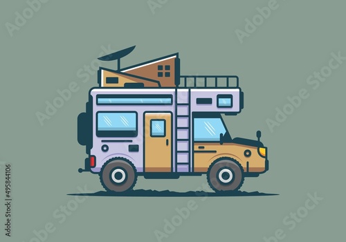 Strong big camper van camping illustration