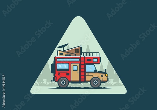 Strong big camper van camping illustration