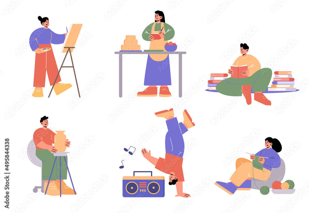 People doing different hobbies, painting, cooking, pottery, knitting, dance and reading books. Vector flat illustration of men make sculpture, dancer, women drawing, cook cake