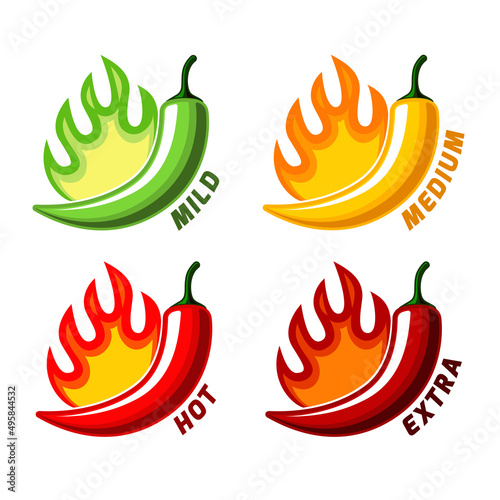 Spicy level. Set of hot flaming chili pepper pods.
