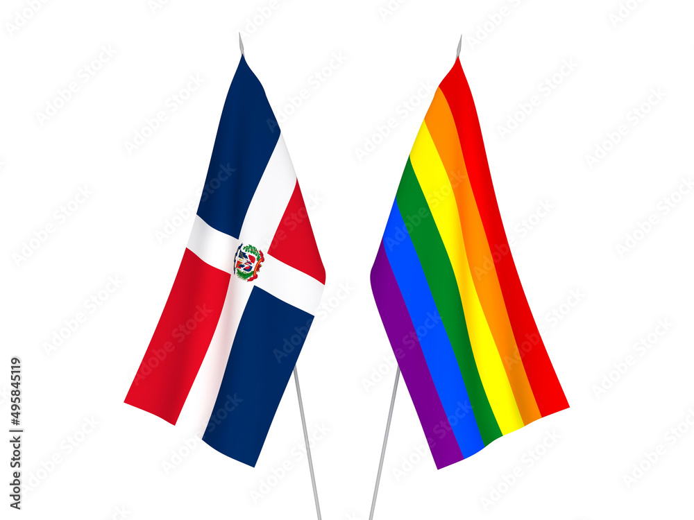 National fabric flags of Rainbow gay pride and Dominican Republic isolated on white background. 3d rendering illustration. National fabric flags of Rainbow gay pride and Dominican Republic isolated on white background. 3d rendering illustration.