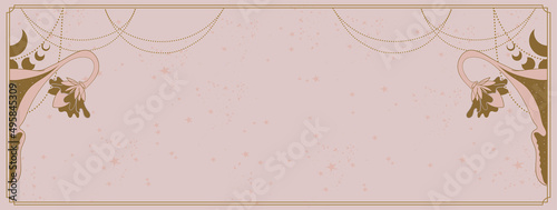 Banner about women s health and intimate life, a female uterus with flowering ovaries on a pink background with a place for text, mystical and mysterious female power. Flat vector illustration vintage