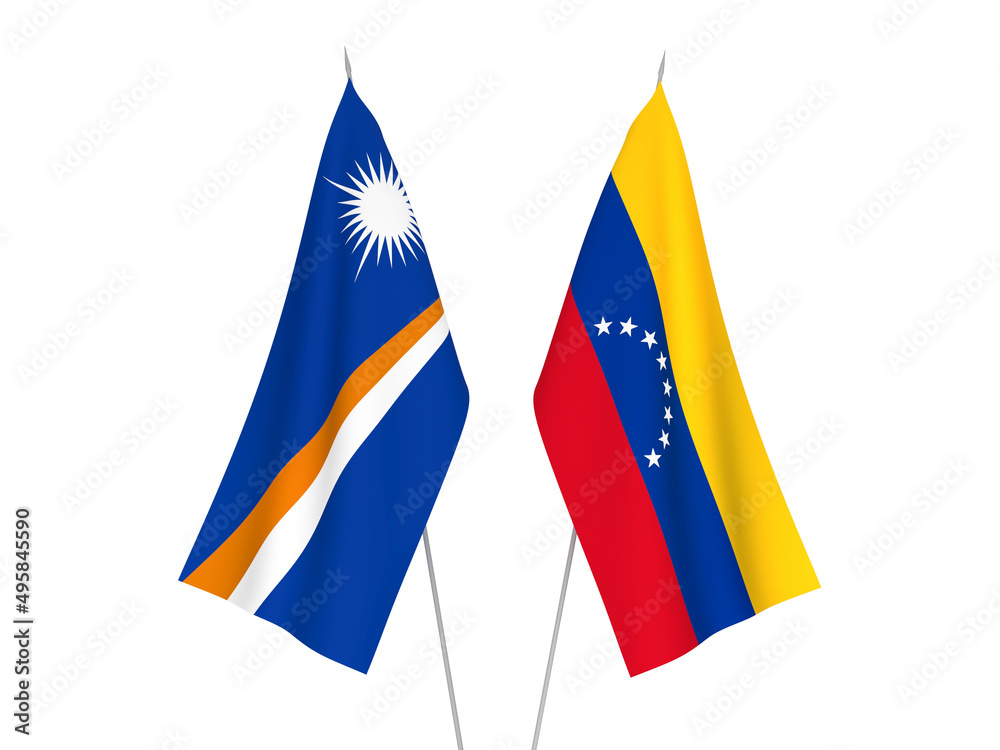 National fabric flags of Republic of the Marshall Islands and Venezuela isolated on white background. 3d rendering illustration.