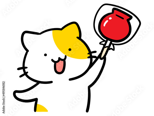 りんご飴を持つかわいいねこのキャラクターの手書き風イラスト