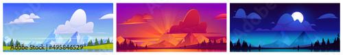Summer landscape with lake and mountains at different times of day. Vector cartoon illustrations of river with trees and green grass on coast, rocks on horizon at night, sunset, and afternoon