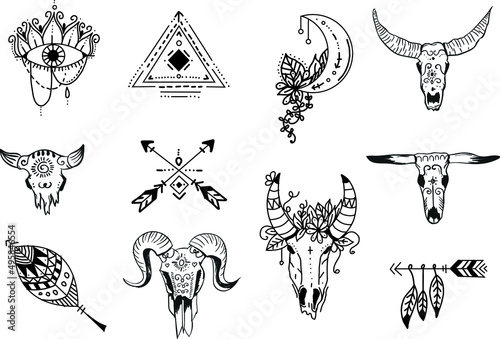Set of handrawing ethnic boho illustration of ram skulls, moon, feathers and symbols photo