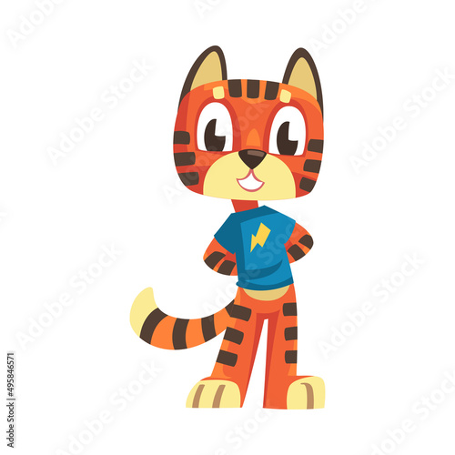 Striped Tiger Character with Orange Fur Wearing Blue Sweatshirt Standing Vector Illustration