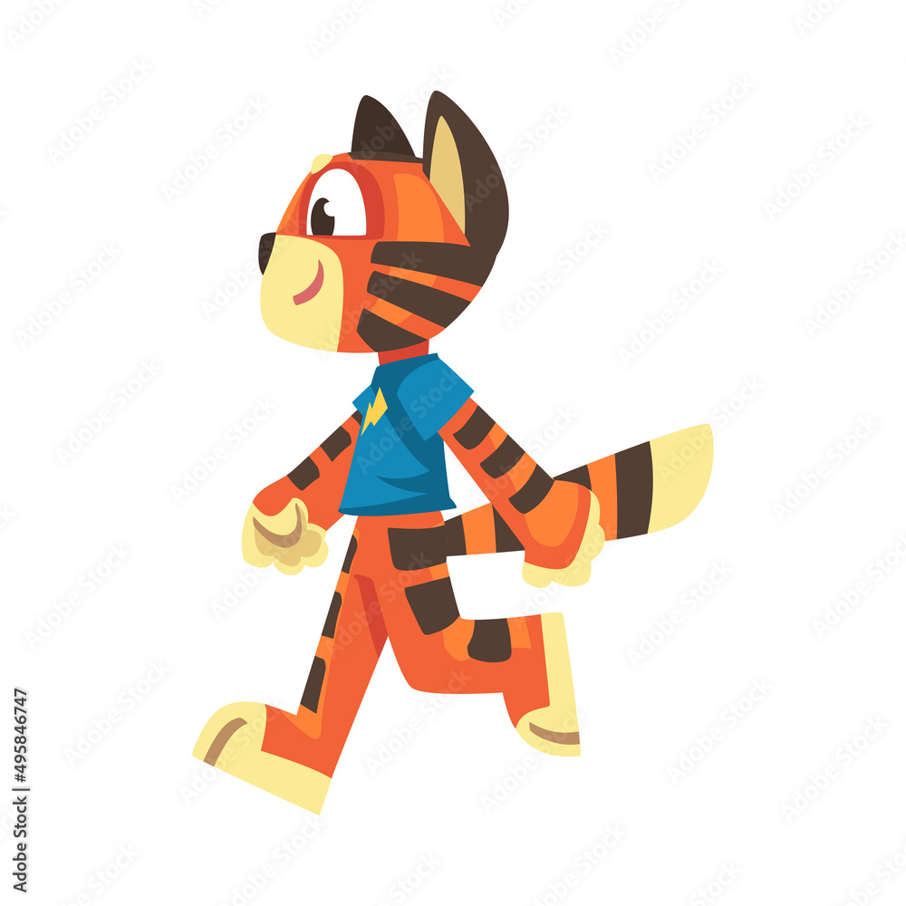 Walking Striped Tiger Character with Orange Fur Wearing Blue Sweatshirt Vector Illustration