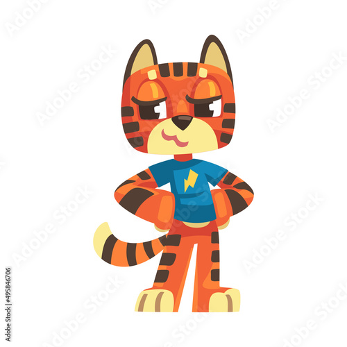 Standing Striped Tiger Character with Orange Fur Wearing Blue Sweatshirt and Smiling Vector Illustration