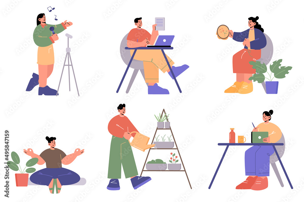 Set of people hobbies, characters singing, author writing article on laptop, embroider and yoga meditation, home gardening, designer painting on tablet, Isolated line art flat vector illustration