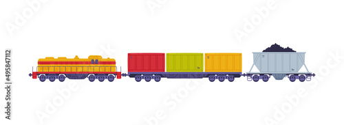 Train or Locomotive with Wagon Pulling Freight and Cargo Vector Illustration