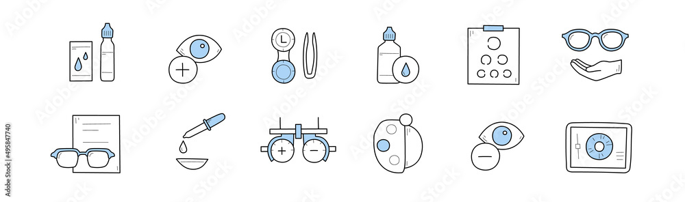 Set of optometry, eye check, health care doodle icons. Medical sight test, laser surgery, glasses, solution and and eyedropper. Optician board, oculist chart and equipment Line art vector illustration Set of optometry, eye check, health care doodle icons. Medical sight test, laser surgery, glasses, solution and and eyedropper. Optician board, oculist chart and equipment Line art vector illustration
