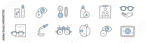 Set of optometry, eye check, health care doodle icons. Medical sight test, laser surgery, glasses, solution and and eyedropper. Optician board, oculist chart and equipment Line art vector illustration