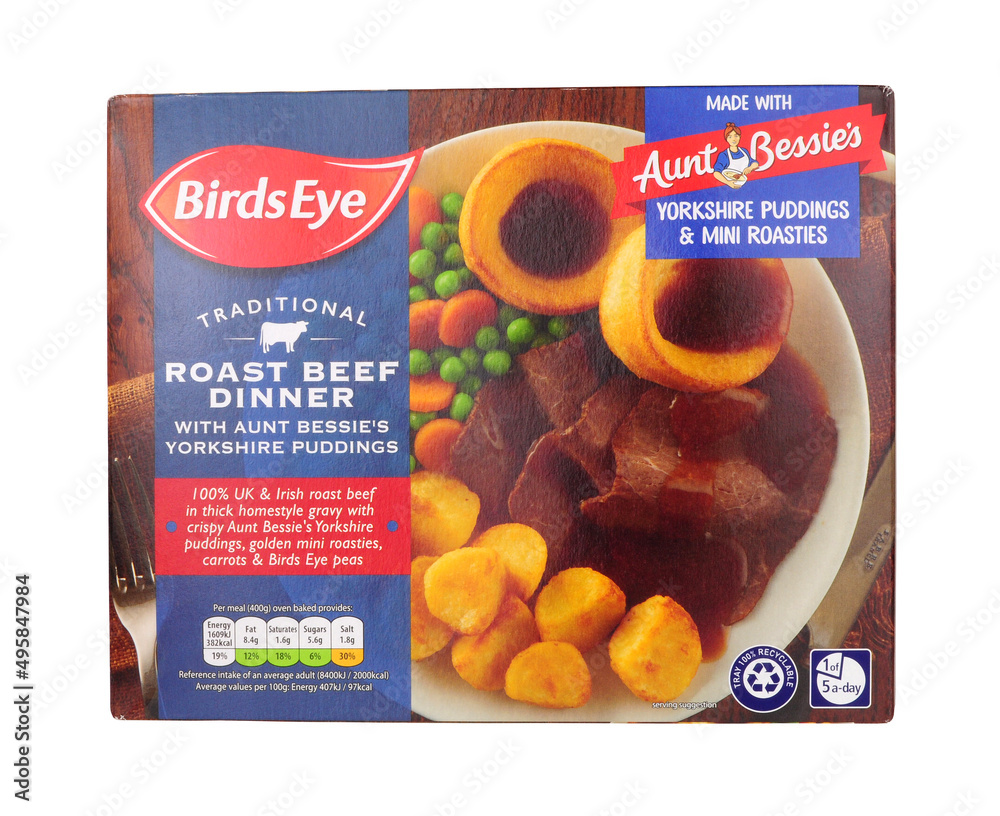Birds Eye traditional roast beef frozen dinner with Aunt Bessies Yorkshire puddings and mini